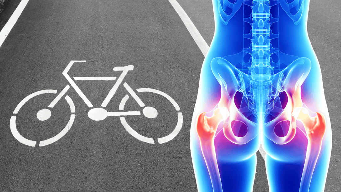 Fahrradsymbol und Skelett mit Gesäßschmerzen