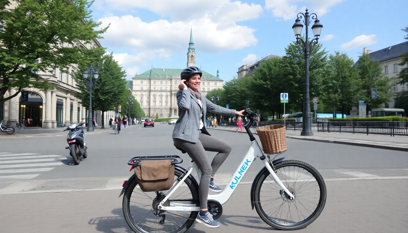 Rentnerin mit dem e bike und dem Gelsattel in München unterwegs.